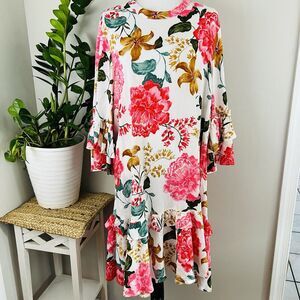 Petal & Pup White Midi Dress with Pink & Gold Floral Print